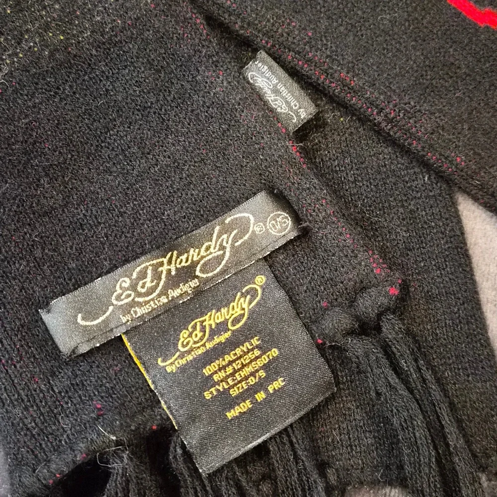 Ed Hardy Christian Audigier Tiger Knit Scarf Black Red Yellow Fringe EHMS6070